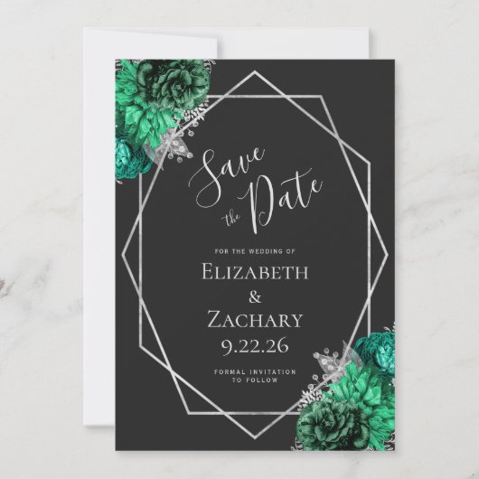 Emerald Green Silver Floral Black Save the Date (Voorkant)