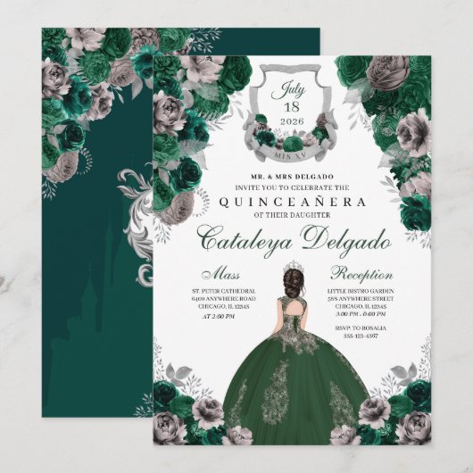 Emerald Green & Silver Floral Elegant Quinceañera Kaart (Voorkant / Achterkant)