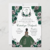 Emerald Green & Silver Floral Elegant Quinceañera Kaart (Voorkant)