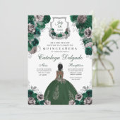 Emerald Green & Silver Floral Elegant Quinceañera Kaart (Staand voorkant)