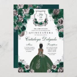 Emerald Green & Silver Floral Elegant Quinceañera Kaart