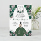 Emerald Green & Silver Floral Elegant Quinceañera Kaart (Staand voorkant)
