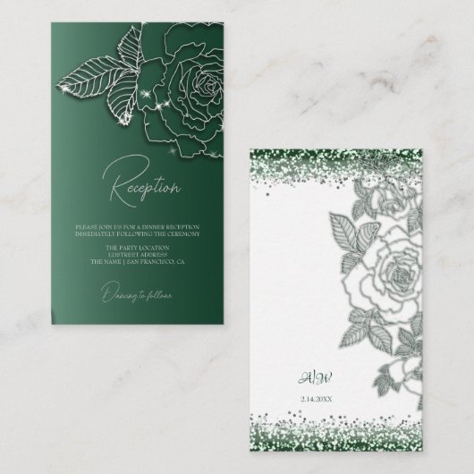 Emerald green Silver floral Elegant Wedding Informatiekaartje (Voorkant / Achterkant)