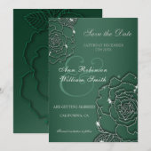 Emerald green Silver floral Elegant Wedding Save The Date (Voorkant / Achterkant)