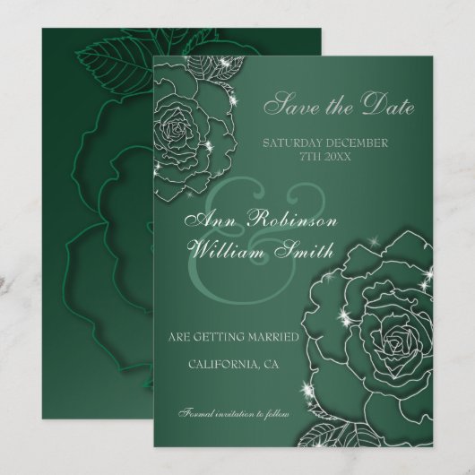 Emerald green Silver floral Elegant Wedding Save The Date (Voorkant / Achterkant)