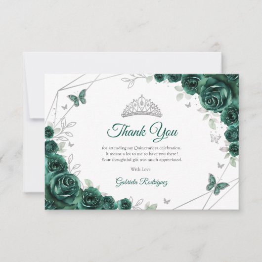 Emerald Green Silver Floral Quinceanera Bedankkaart (Voorkant)