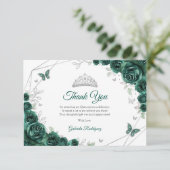 Emerald Green Silver Floral Quinceanera Bedankkaart (Staand voorkant)