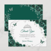 Emerald Green Silver Floral Quinceanera Bedankkaart (Voorkant / Achterkant)