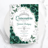 Emerald Green Silver Floral Quinceanera Kaart