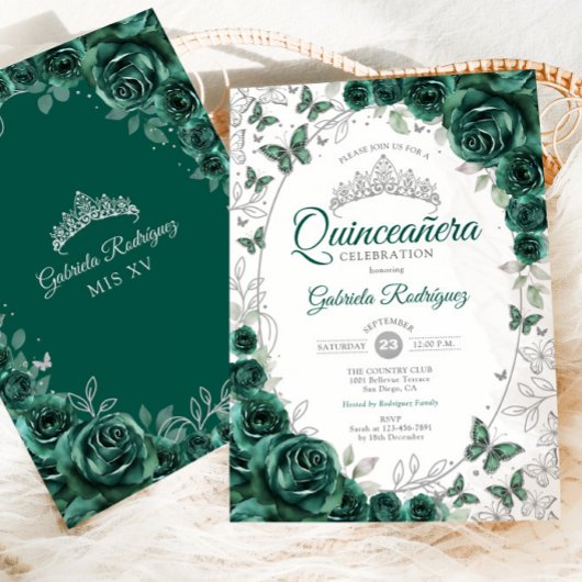Emerald Green Silver Floral Quinceanera Kaart