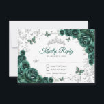 Emerald Green Silver Floral Quinceanera Reply RSVP Kaartje<br><div class="desc">Emerald green silver floral Quinceanera RSVP reply card. Features,  script font,  silver butterflies,  watercolor roses and tiara. Perfect for an elegant princess style glam celebration. Personalize with your own details.</div>