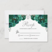 Emerald Green & Silver Floral RSVP Enclosure Kaart (Voorkant)