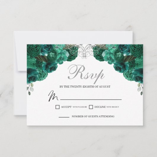 Emerald Green & Silver Floral RSVP Enclosure Kaart (Voorkant)