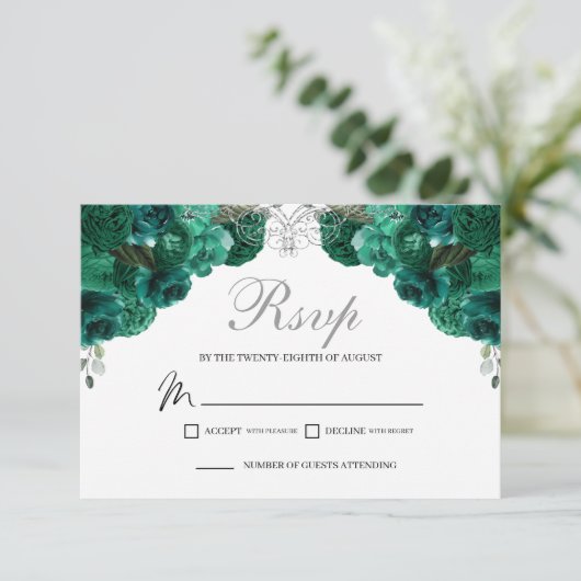 Emerald Green & Silver Floral RSVP Enclosure Kaart (Staand voorkant)