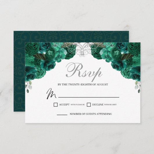 Emerald Green & Silver Floral RSVP Enclosure Kaart (Voorkant / Achterkant)