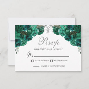 Emerald Green & Silver Floral RSVP Enclosure Kaart