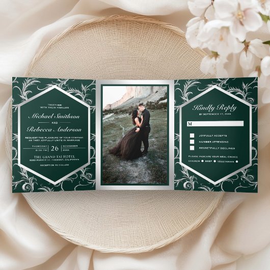Emerald Green Silver Flourish Swirl Wedding Photo Drieluik Uitnodiging
