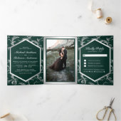 Emerald Green Silver Flourish Swirl Wedding Photo Drieluik Uitnodiging (Binnen)