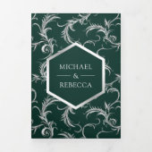 Emerald Green Silver Flourish Swirl Wedding Photo Drieluik Uitnodiging (Cover)