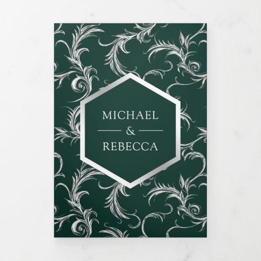 Emerald Green Silver Flourish Swirl Wedding Photo Drieluik Uitnodiging (Cover)