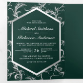 Emerald Green Silver Flourish Swirl Wedding Photo Drieluik Uitnodiging (Binnenzijde eerst)