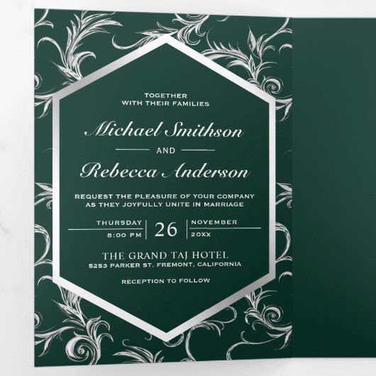 Emerald Green Silver Flourish Swirl Wedding Photo Drieluik Uitnodiging (Binnenzijde eerst)