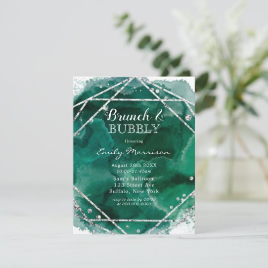 Emerald Green Silver Geometric Brunch & Bubble Kaart (Staand voorkant)