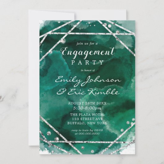 Emerald Green Silver Geometric Engagement Party Kaart (Voorkant)