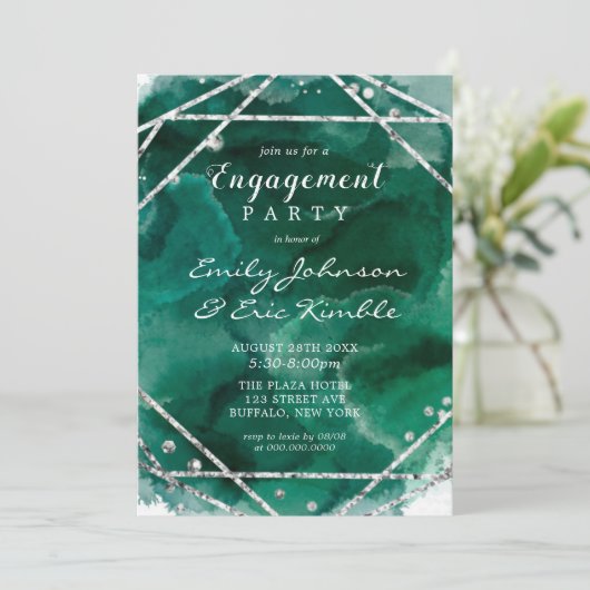 Emerald Green Silver Geometric Engagement Party Kaart (Staand voorkant)