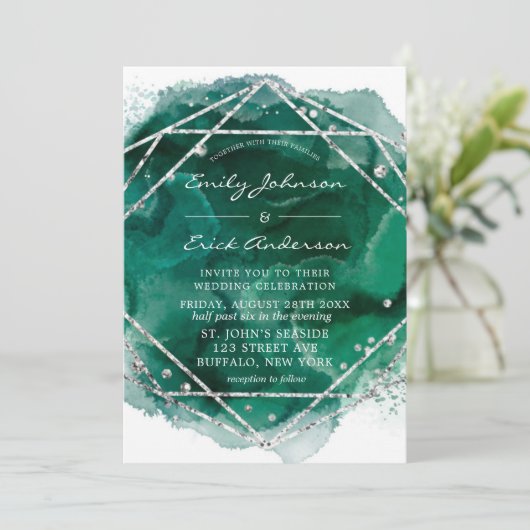 Emerald Green Silver Geometric Glitter Wedding Kaart (Staand voorkant)