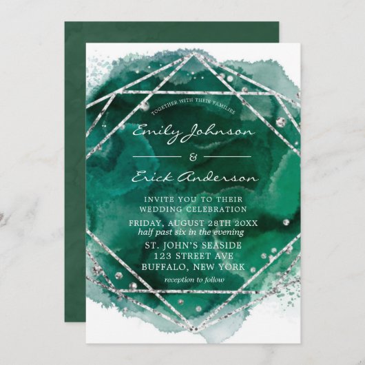Emerald Green Silver Geometric Glitter Wedding Kaart (Voorkant / Achterkant)