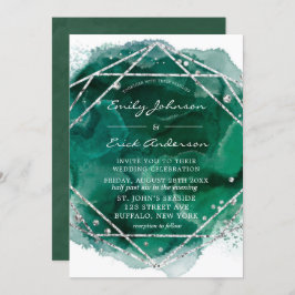 Emerald Green Silver Geometric Glitter Wedding Kaart