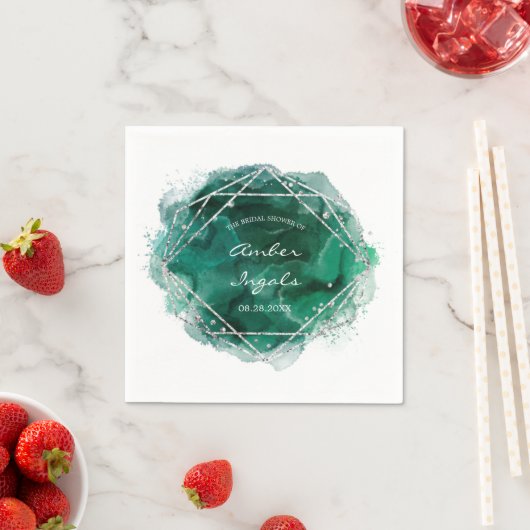 Emerald Green Silver Geometric Waterverf Wedding Servet (Insitu)