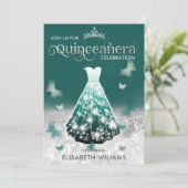 Emerald Green Silver glitter jurk vlinder Uitnodig Kaart (Staand voorkant)