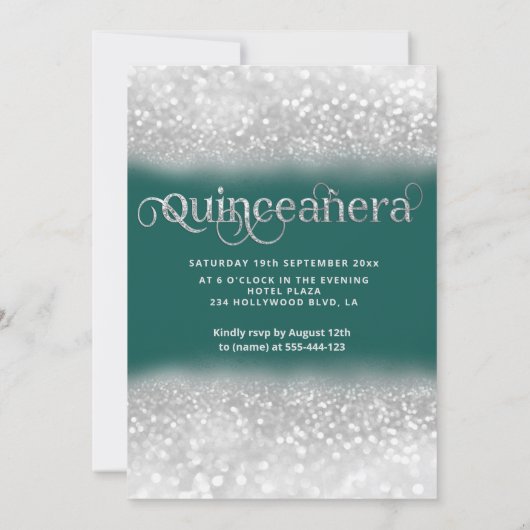 Emerald Green Silver glitter jurk vlinder Uitnodig Kaart (Achterkant)