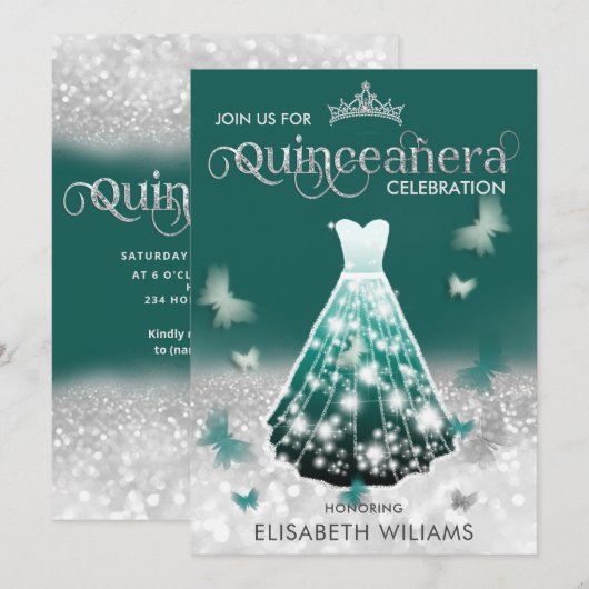 Emerald Green Silver glitter jurk vlinder Uitnodig Kaart (Voorkant / Achterkant)