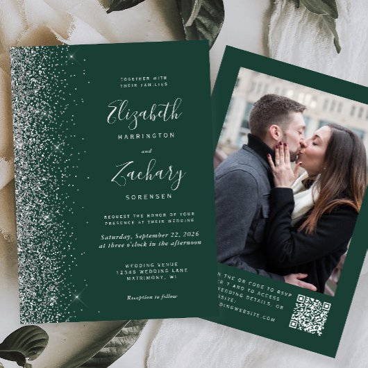 Emerald Green Silver Glitter Photo QR Code Wedding Kaart