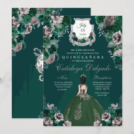 Emerald Green & Silver Princess Castle Quinceañera Kaart (Voorkant / Achterkant)