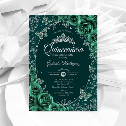 Emerald Green Silver Quinceanera Kaart