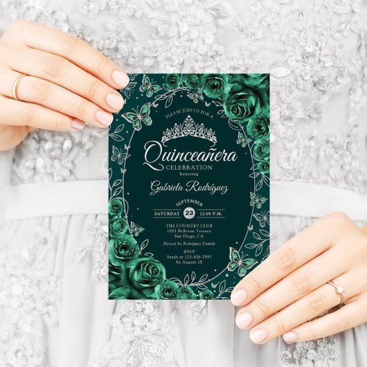 Emerald Green Silver Quinceanera Kaart