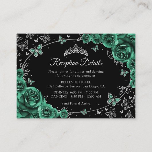 Emerald Green Silver Quinceanera Reception Details Informatiekaartje (Voorkant)
