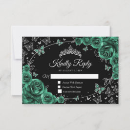 Emerald Green Silver Quinceanera Reply RSVP Kaartje
