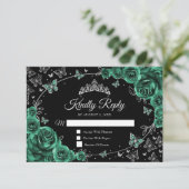 Emerald Green Silver Quinceanera Reply RSVP Kaartje (Staand voorkant)