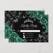 Emerald Green Silver Quinceanera Reply RSVP Kaartje (Voorkant / Achterkant)