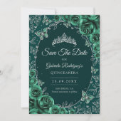 Emerald Green Silver Quinceanera Save The Date (Voorkant)