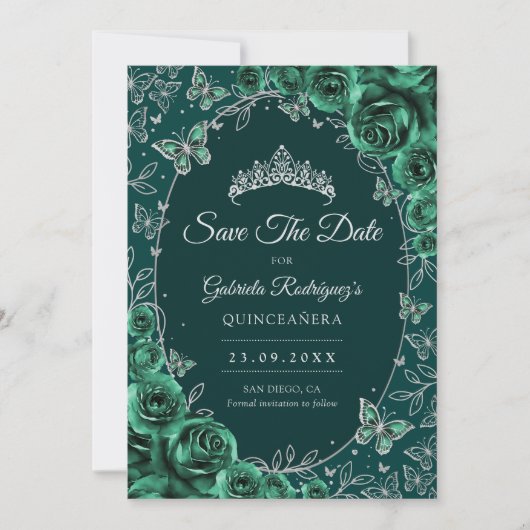 Emerald Green Silver Quinceanera Save The Date (Voorkant)