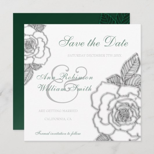 Emerald green Silver roos Rustic Wedding Save The Date (Voorkant / Achterkant)