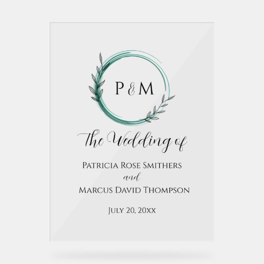 Emerald Green Simple Botanical Wreath Wedding Acryl Bord (Voorkant)