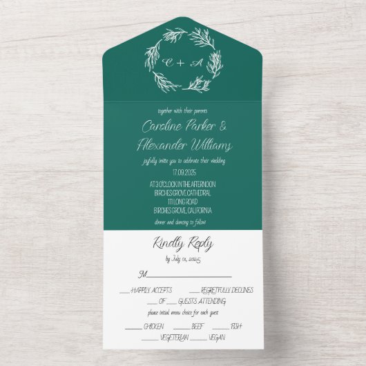 Emerald Green Simple Modern Monogrammed Wedding All In One Uitnodiging (Binnen)
