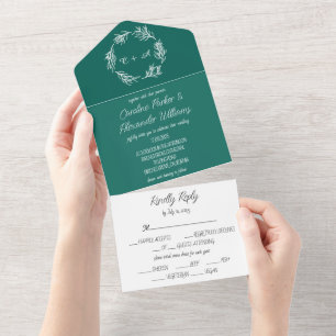 Emerald Green Simple Modern Monogrammed Wedding All In One Uitnodiging